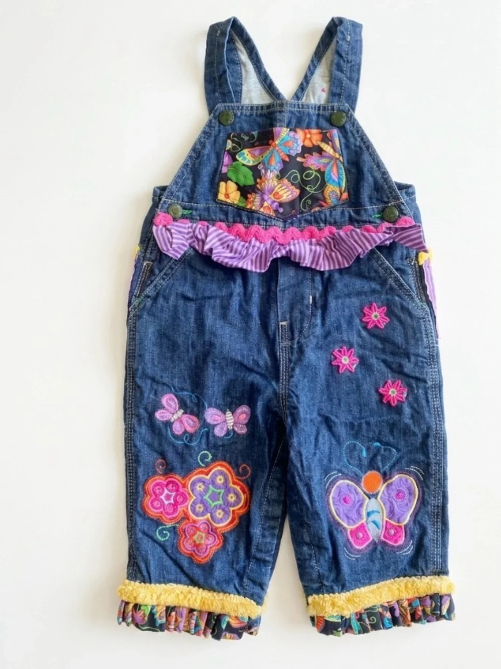 Oshkosh Y2K Denim 12mo Baby Cottagecore Patchwork Butterfly Embroidery Overalls
